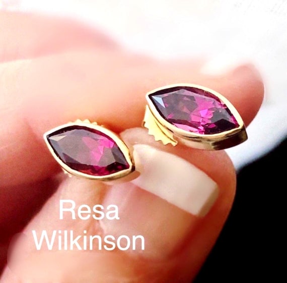 Marquise Shape 1.70 Carats Rubellite Tourmaline Bezel Set Stud Earrings 14k Gold