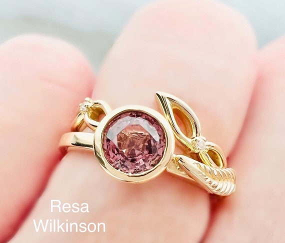 ON SALE Pink 0.80 Carat Spinel Custom Gold Leaf Solitaire Ring