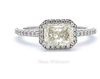 Radiant Cut Natural Diamond Halo Engagement Ring East West Setting