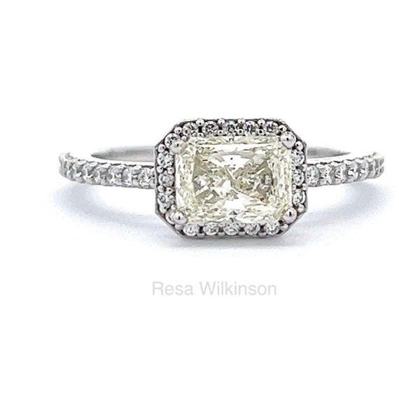 Radiant Cut 1.21 Carat Natural Diamond Halo Engagement Ring East West Setting