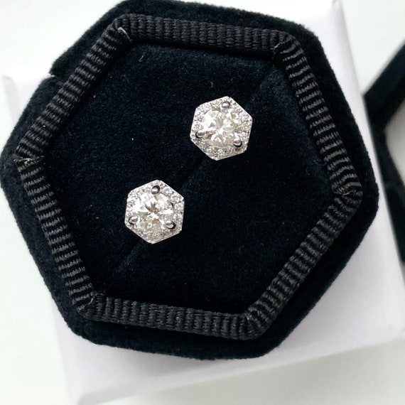 Hexagon Halo Natural Diamond Stud Earrings 14k White