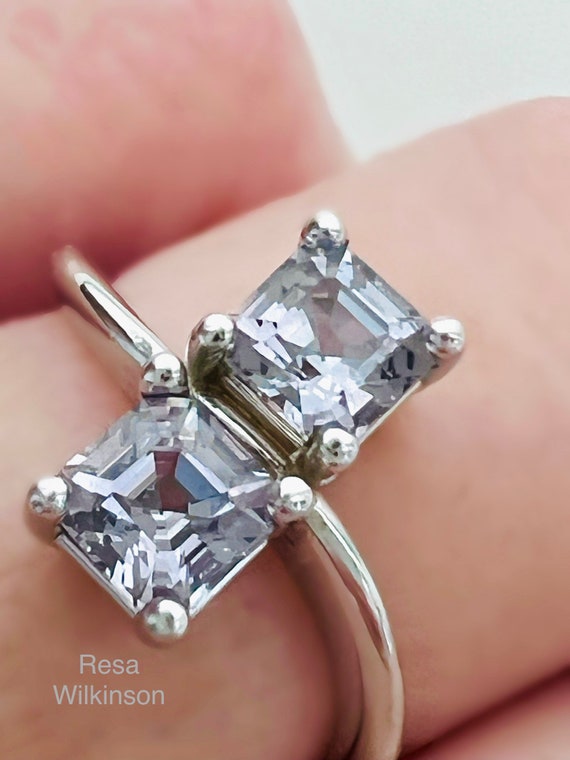 Sale Asscher Cut Lavender Gray Spinel Two Stone Ring Toi et Moi Style