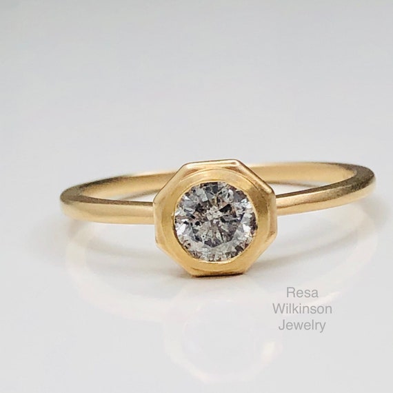 Gray Diamond Yellow Gold Solitaire Ring Hexagon Head Bead Blast Finish