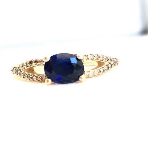 On Sale Blue Sapphire and Champagne Diamond Ring East West Setting 14k Gold