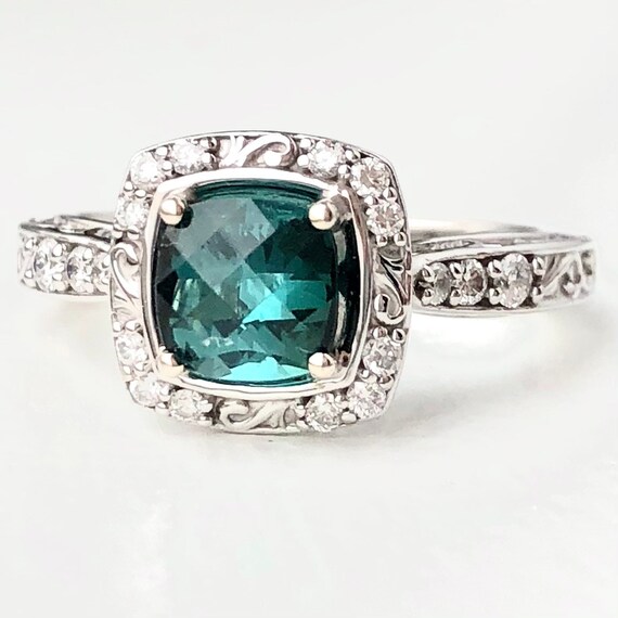 Teal Tourmaline Halo Ring Fair Trade Gemstone 14k White