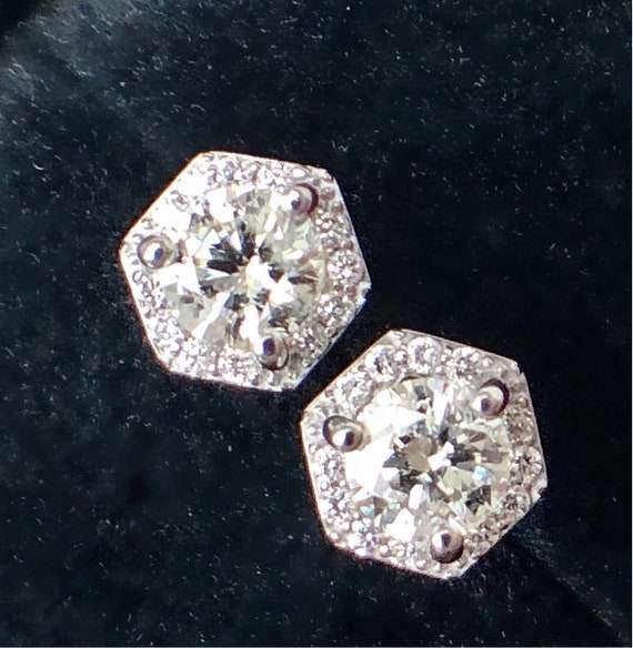 Diamond Halo Hexagon Shape Stud Earrings 14k White