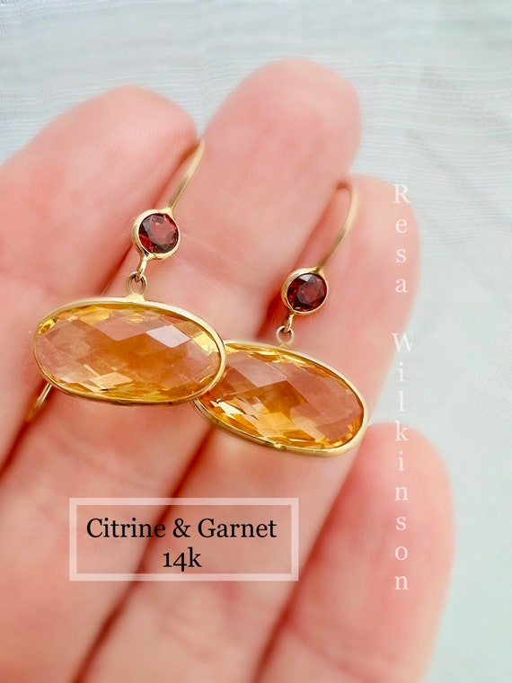 Citrine and Garnet Gold Dangle Earrings 14k