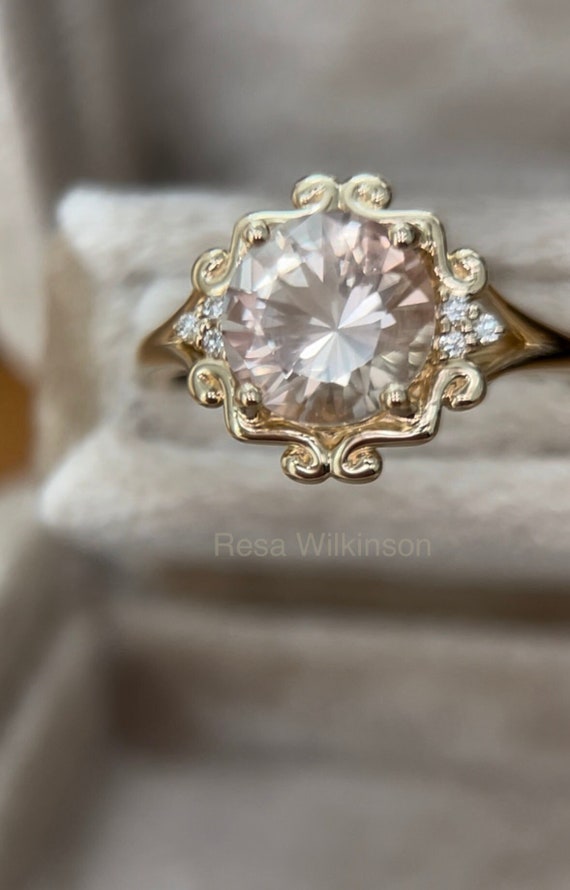 Oregon Sunstone and Diamond Ring Peach and Champagne Tones