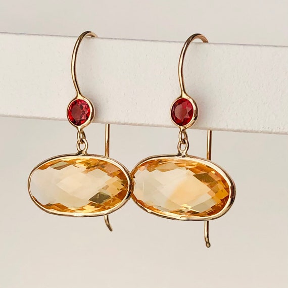 Citrine and Garnet Gold Dangle Earrings 14k