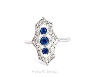 Art Deco Inspired Sapphire and Diamond Ring 14k White