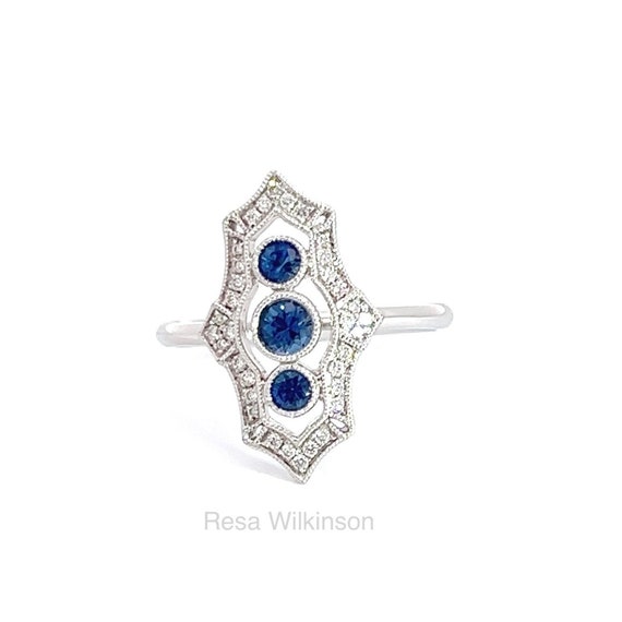 Art Deco Inspired Sapphire and Diamond Ring 14k White