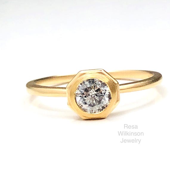 Salt and Pepper Natural Diamond Yellow Gold Hexagon Shape Ring ON SALE