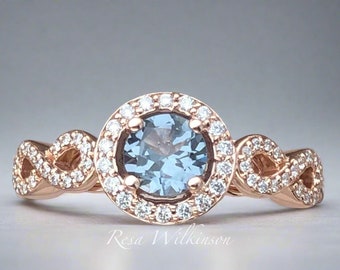 Slate Blue Spinel and Diamond Halo Rose Gold Engagement Ring Infinity Design
