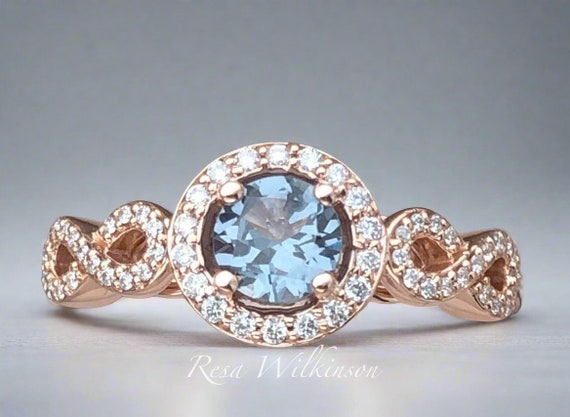 Slate Blue Spinel and Diamond Halo Rose Gold Engagement Ring Infinity Design