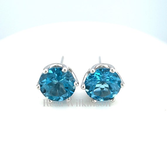 Swiss Blue Topaz Stud Earrings 14k White Decorative Mounting