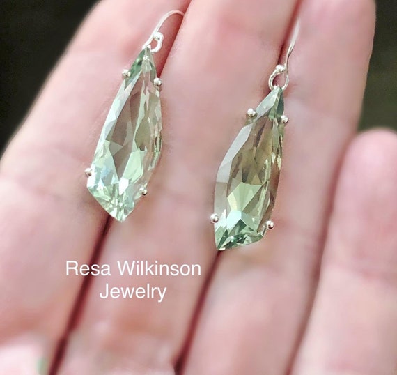 Prasiolite Green Quartz Dangle Earrings Kite Inspired Facets