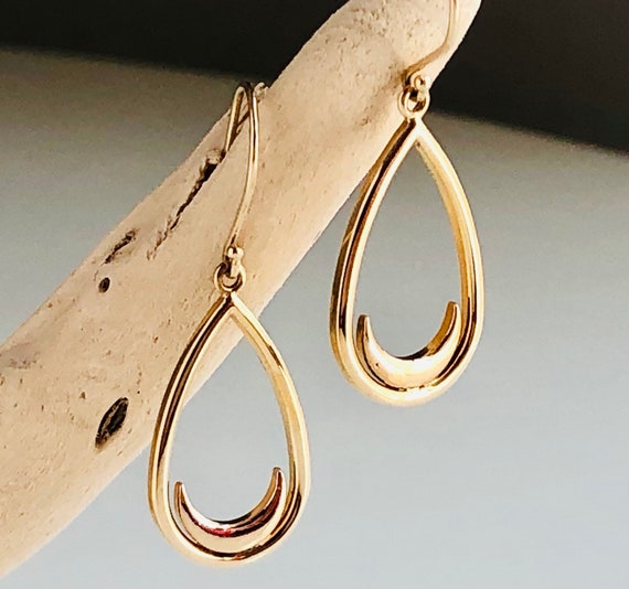 Custom Crescent Moon Teardrop Dangle Earrings 14k Yellow