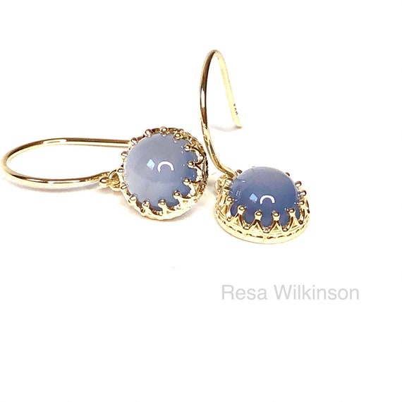 Blue Chalcedony Crown Inspired Dangle Earrings 14k