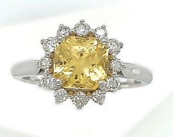 Natural 2.06 Carat Unheated Yellow Sapphire and Diamond Halo Ring