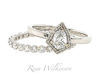 Pear Shape Natural Diamond Shield Design Halo Engagement Ring 14k White