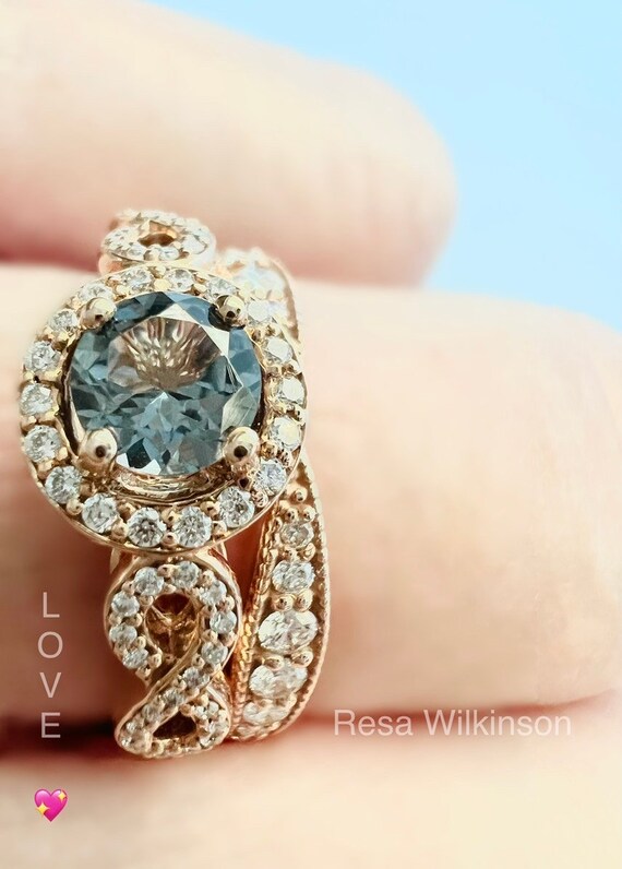 Slate Blue Spinel and Diamond Rose Gold Engagement Ring Infinity Design