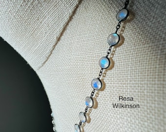 Rainbow Moonstone and Black Gold Galaxy Bezel Set Necklace