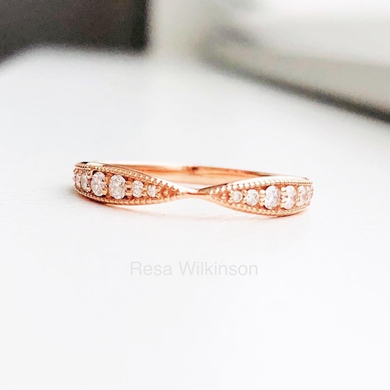 Diamond Rose Gold Band Pinched Center Fits Around Engagement