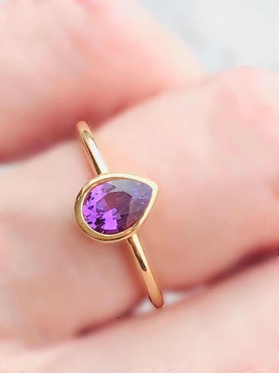 Pear Shape Purple Sapphire Ring Certified Stone Bezel Set