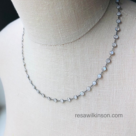 Rainbow Moonstone Galaxy Necklace Bezel Set Black Gold