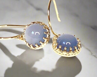 Blue Chalcedony Crown Design 5 Carats Dangle Gold Earrings