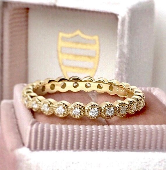Diamond Beaded Edge Eternity Band Yellow Gold