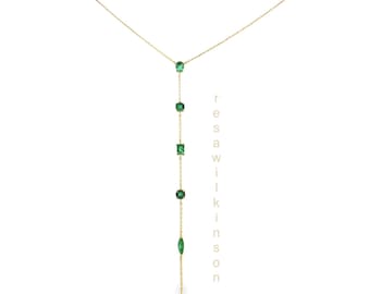 Emerald Lariat Necklace Mixed Cut Stones 18k Gold