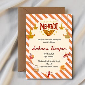 Retro Orange Mehndi Party Invite | Henna Party Invitation | Mehendi | Custom Invite | Instant Customisable Digital Download