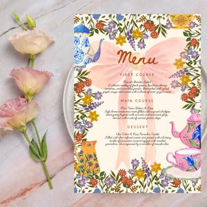 Floral Tea Party Menü Vorlage | High Chai Menükarte | Nachmittagstee | Bearbeitbar | Sofortiger anpassbarer digitaler Download