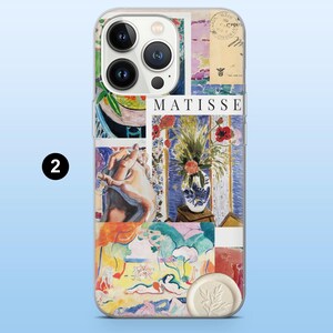 May include: Clear phone case featuring a collage of art prints, including a vase of flowers, a nude figure, and the word "MATISSE." The case has a clear border and a white wax seal with a leaf design.