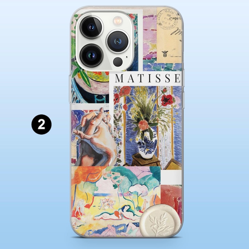 May include: Clear phone case featuring a collage of art prints, including a vase of flowers, a nude figure, and the word "MATISSE." The case has a clear border and a white wax seal with a leaf design.