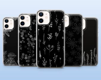 Funda de teléfono con diseño gótico floral de flores silvestres negras para iPhone 16 Pro, 15, 14, 13, 12, Samsung S25+, S23Fe, S24Ultra, S22, A16, A55, Pixel 9, 8A