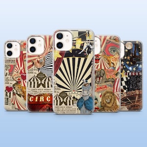 Op de afbeelding: Een verzameling telefoonhoesjes met vintage circusthema's. Elke hoesje heeft een unieke collage van circustafereel, waaronder clowns, olifanten, leeuwen en vintage ticketstubs. De hoesjes zijn in verschillende kleuren, met de tekst "CIRCUS".