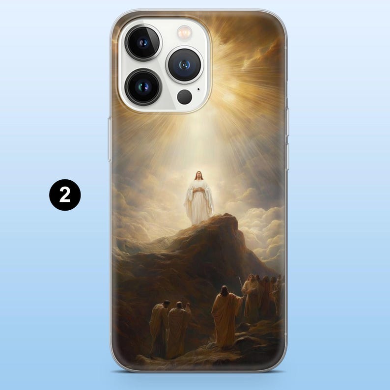 May include: A clear phone case featuring a religious painting. The artwork depicts a figure in white robes standing on a rocky outcrop, illuminated by a radiant light. Several figures in robes are gathered below, looking up.