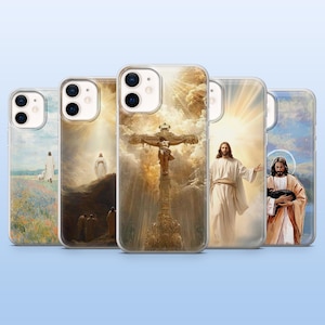 Peut inclure: Une collection de coques de téléphone avec des images religieuses. Les coques présentent diverses représentations de Jésus, notamment des scènes de la crucifixion, de la résurrection et d'autres événements bibliques. Les coques sont transparentes.