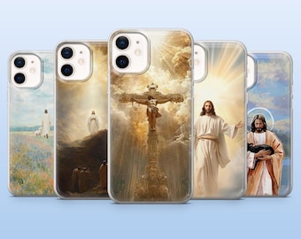May include: A collection of phone cases featuring religious imagery. The cases display various depictions of Jesus, including scenes of the crucifixion, resurrection, and other biblical events. The cases are clear with the images visible.