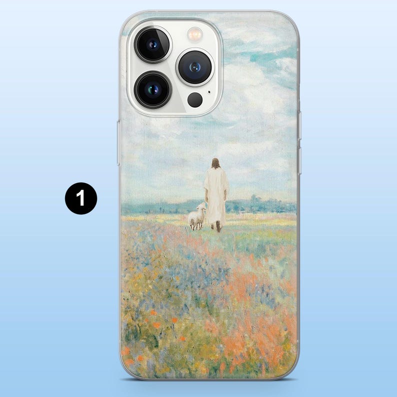 May include: Clear phone case featuring a pastoral painting of a figure in white robes with a sheep, walking through a field of wildflowers under a cloudy sky. The case has a clear border and a camera cutout.