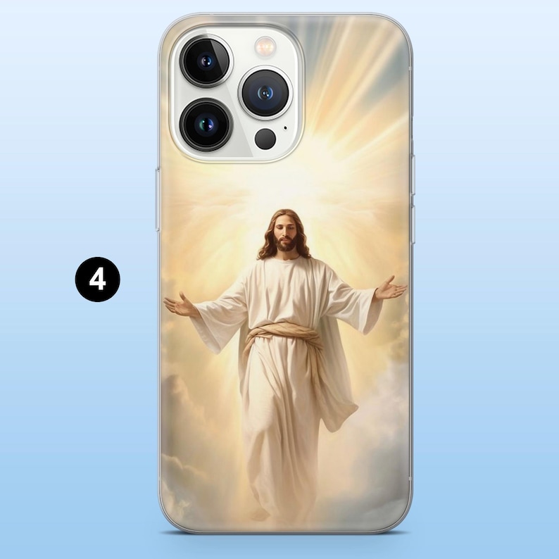 May include: Clear phone case featuring an image of a person with long brown hair and a beard, wearing a white robe, with arms outstretched. The background is a bright, golden light emanating from behind the figure, with soft clouds.