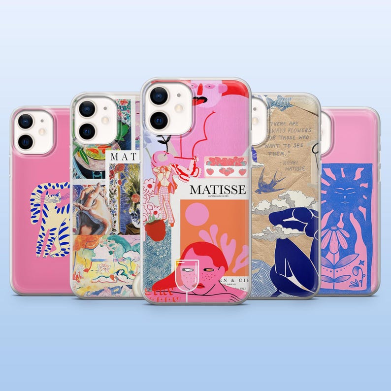 May include: A collection of phone cases with colorful, artistic designs. The cases feature various illustrations, including Matisse-inspired artwork, floral patterns, and abstract figures. The cases are in shades of pink, orange, and blue.