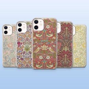 Funda William Morris con diseño floral botánico para iPhone 16 Pro, 15, 14, 13, 12, Samsung S25, S23Fe, S24Fe, S22, A16, A55, Pixel 9Pro, 8