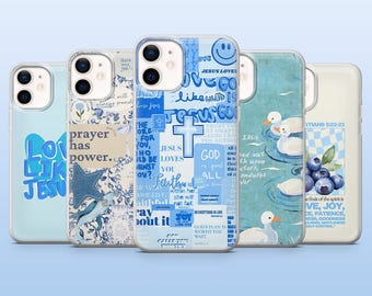 Blue Christian Phone Case Jesus Aesthetic Cover for iPhone 16 Pro, 15, 14, 13, 12, Samsung S25, S23, S24, S22, A16, A55, Pixel 9Pro, 8