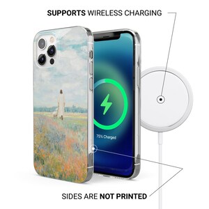 May include: Clear phone case with a painting of a person in a white robe walking in a field of flowers. The phone screen shows a green charging symbol. The text reads: SUPPORTS WIRELESS CHARGING and SIDES ARE NOT PRINTED.