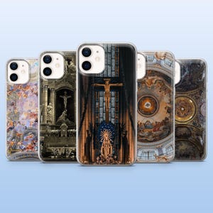 May include: Five phone cases showcasing religious imagery. The cases depict church interiors, with detailed ceilings, statues, and stained-glass windows. The colour scheme includes gold, brown, and blue hues, creating a reverent aesthetic.