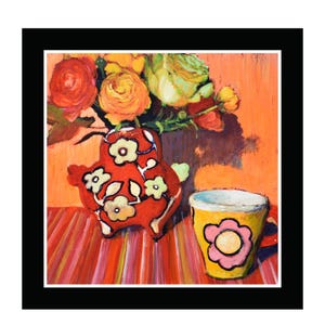 Pintura al óleo original de un jarrón rojo rústico con flores y una taza amarilla, clásica, pintada a mano, tamaño pequeño, 25 x 25 cm, sin marco, para cocina.