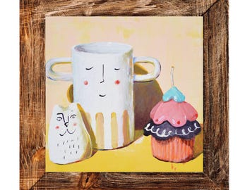 Realistic Expressionist Oil Painting For Kitchen And Living Room Decor White Cup and Cupcake Smal Size 10 By 10 Inches Unframed Still life